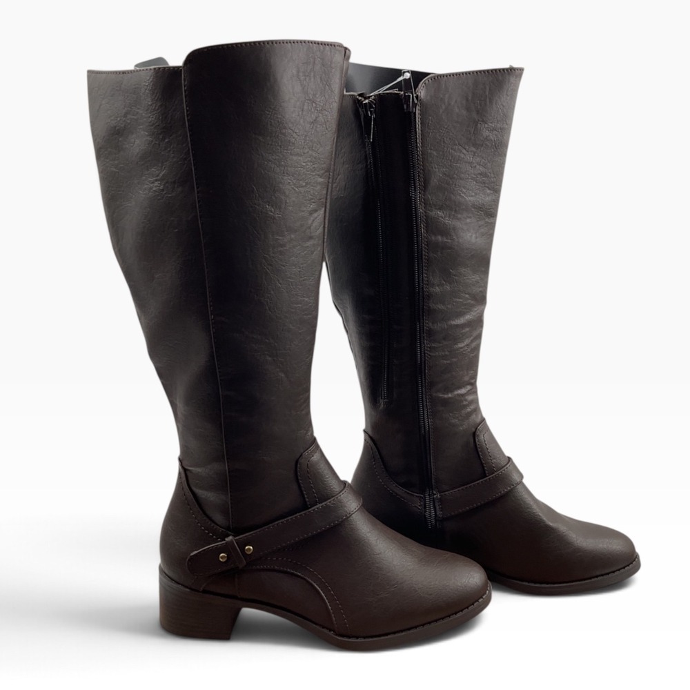 Easy Street Dark Brown Knee High Riding Boots Block Heel Side Zip wide calf